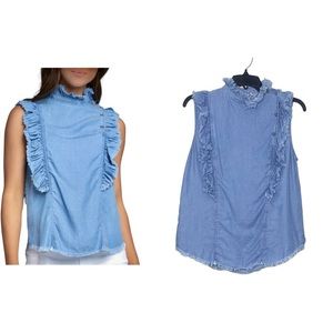 Elan Stone Button Ruffled Shirt Chambray size Small
